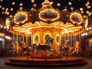 Fototapeta premium Whimsical carousel ride at night illuminating with golden lights and captivating festive atmosphere