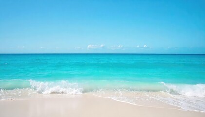 Fototapeta premium Vast, cerulean ocean stretching to the horizon, waves gently lapping the shore under a clear sky Perfect for travel, nature, and serenity themes , serene, scenic, sand