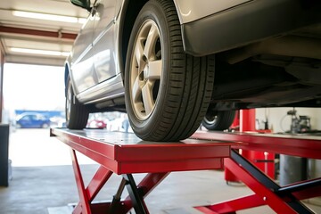 Close up view of a car s tire and undercarriage elevated on a bright red hydraulic lift in a well lit auto repair shop