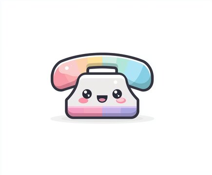 Ilustraci&oacute;n animada de tel&eacute;fono vintage con cara sonriente y colores pastel arco&iacute;ris, ideal para dise&ntilde;o infantil, contenido digital, stickers decorativos y est&eacute;tica retro con estilo alegre y simp&aacute;tico