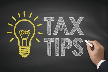 Illuminating light bulb and the words tax tips written in chalk on a blackboard representing financial advice and planning