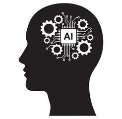 Artificial intelligence concept illustrated by a human head with gears and a circuit board