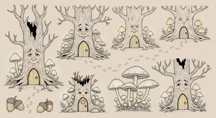 Set of hand drawn enchanted illustrations of a secret forest. Doodle drawings of ancient trees with faces, glowing mushrooms, fairy doors in tree trunks, acorns, and tiny footprints