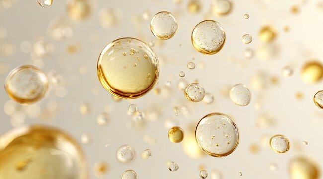 Golden liquid spheres,  floating in air