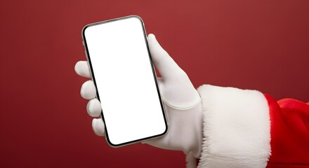 Santa Claus Holds a Smartphone with a Blank White Screen