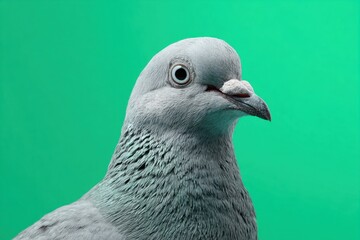 Pigeon isolated on a green screen. Gray Dove looking at camera on green background. Animal backdrop. Funny Pets on chroma key. Playful friendly bird with copy space for your text. For Animation. Humor