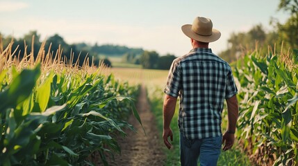 Middle age farmer walking in maize corn field for crop inspection