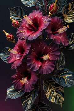 Watercolor of blood-burgundy hibiscus blossoms with golden-veined buds, dark green and gold leaves, velvety petals with shimmering dewdrops, on a dark gradient background with golden highlights, mysti