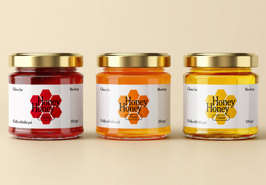 Honey Jar Mockup Set with Three Flavors