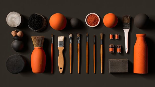 Flat lay of various orange and dark objects.  Arrangement of art supplies,  paint brushes, and other items on a dark background