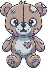Obraz premium A cute cartoon teddy bear with patches, fangs, and a heart-shaped detail.