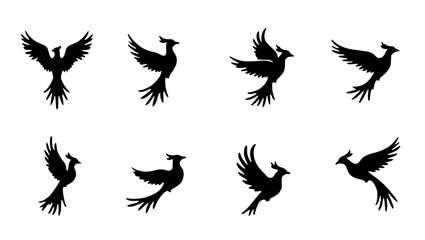 Obraz premium set of 8 silhouette of a phoenix bird, a symbolic representation of freedom and movement, gracefully flies across a minimalist background, the elegance of design highlighted. vector illustration