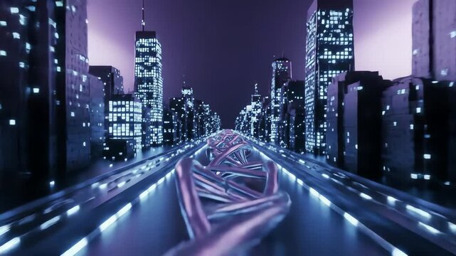 a digital landscape of DNA mapped into a cityscape, skyscrapers representing genes, highways as protein chains, and lights flickering as mutations