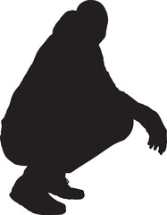 vector,silhouette of  side view of man squatting and looking at camera