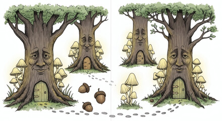 Fototapeta premium Set of hand drawn enchanted illustrations of a secret forest. Doodle drawings of ancient trees with faces, glowing mushrooms, fairy doors in tree trunks, acorns, and tiny footprints