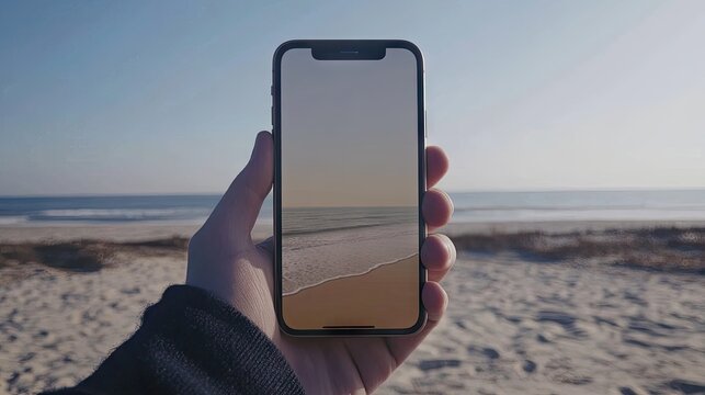 A hand holds a smartphone displaying a beach scene, its screen mirroring the tranquil ocean and sandy shore visible in the blurred background under a clear blue sky