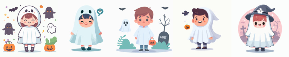 vector of a children wearing a halloween ghost costume