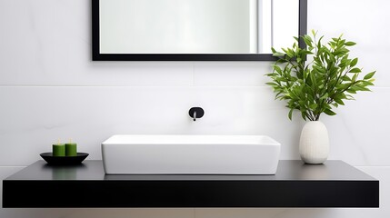 Fototapeta premium A sleek modern bathroom with a bold matte black sink, white quartz countertop, trailing green vines hanging along a clean white wall, minimalist lighting with subtle glow, full-frame,