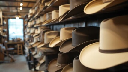 cowboy hat shop with many hats on the shelves. 4k video - Powered by Adobe