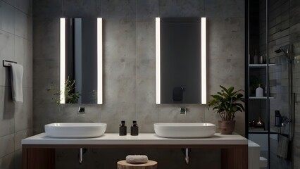 Fototapeta premium Minimalist smart bathroom features mirror and voice assistant device with modern clean style