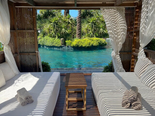 Loungers with white curtains and pool view 