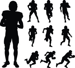 American football player silhouette, running, training, sport athlete, team competition, fitness, strength, action poses, professional, isolated, collection, exercise, motion, active, black, uniform