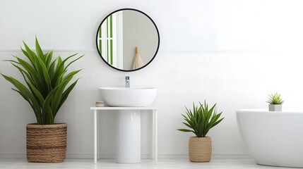 A small modern bathroom with a round white sink, slim green plants like snake plants and ZZ plants in minimalist pots, white tiled wall with subtle pattern, soft shadow details, full-frame,