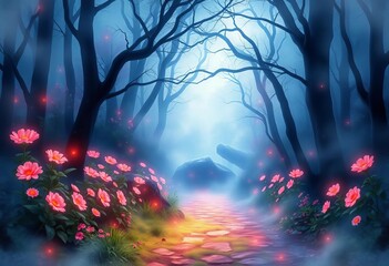 Fototapeta premium Glowing flowers & mist shroud a magical forest path, watercolor style, leading to a hidden realm, leaves, dreamlike