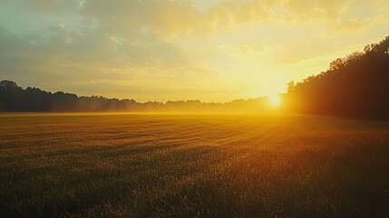 Obraz premium Golden sunrise over green farm field with natural countryside landscape