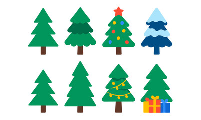Fototapeta premium Stylized christmas trees with decorations and gifts in flat design
