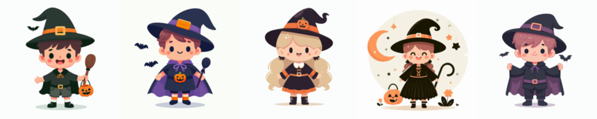 vector of a children wearing a halloween witch costume