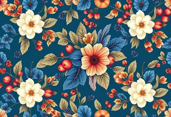 Gardinen Küche Muster  Elegant blue and white autumn floral berry pattern  Vintage style fruit and flower seamless vector illustration, artwork, floral pattern  © DITSARAPHAN