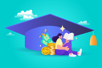 Education savings and scholarship fund concept. A student reading a book peacefully, sheltered by a graduation cap with money and gold coins. A vector illustration for university tuition and financial