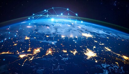 A global network of lights interconnected over Earth.  A digital representation of worldwide connectivity
