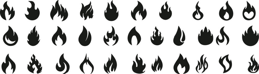 Black flame icons set collection, fire symbol silhouettes, burning energy shapes, heat design elements for graphic design