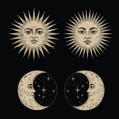 Fototapeta premium Face of the sun in vintage style. Vector illustration. Black and white graphics. Logo of the sun. stock illustration