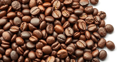 Fototapeta premium Close-up of roasted coffee beans, rich brown tones, isolated on white, aromatic, close-up