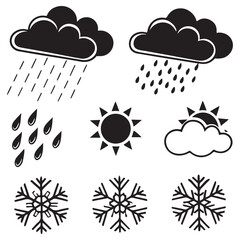 Collection of weather icons featuring rain clouds sun snowflakes and a sun behind a cloud