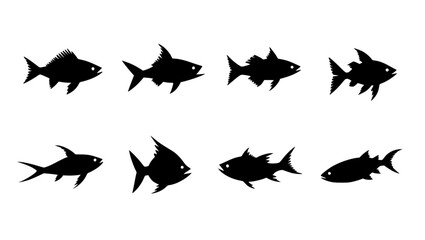 Fototapeta premium set of 8 fish silhouettes on display, offering an artistic representation of marine life's fascinating array of forms. vector illustration