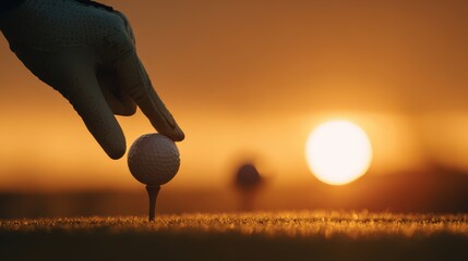 Hand Placing Golf Ball on Tee at Sunset
