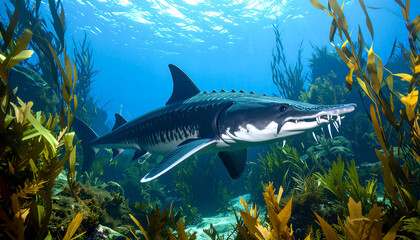 Obraz premium Underwater footage close-up of a large sturgeon among seaweed; wallpaper