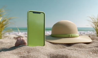 A lime green smartphone rests on a sandy beach next to a light beige straw sun hat.  Seashells and beach grasses add to the summer scene.  Digital rendering