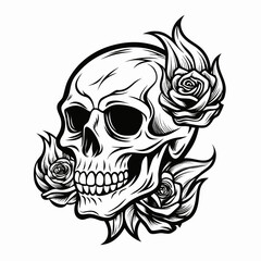 Intricate black and white illustration of a human skull adorned with blooming roses and fiery elements on a clean white background