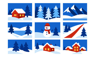 Winter wonderland scenes with snowy mountains, trees, and cozy houses in flat design