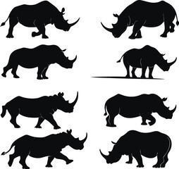 Black rhino silhouette collection, wild animal illustrations, rhinoceros walking standing vector design for wildlife art