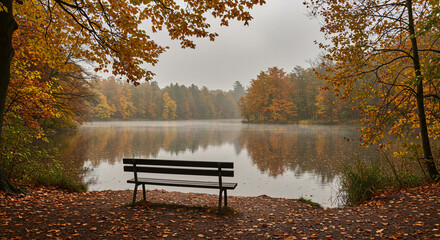 Autumnal lakeside scene featuring a tranquil wooden bench surrounded by vibrant fall foliage, reflecting a serene atmosphere during the fall season