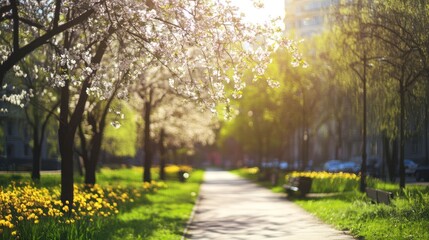 Naklejka premium Serene park scene with sunlit pathway, blossoming trees, and vibrant greenery