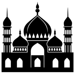 A black silhouette of a grand mosque with multiple domes and tall minarets against a white background