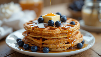 Stack of golden waffles with butter, maple syrup, and blueberries, cozy morning vibes