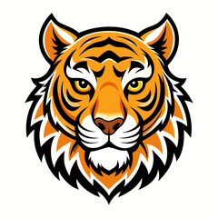 Powerful fierce tiger head mascot logo with bright orange fur black stripes and intense yellow eyes